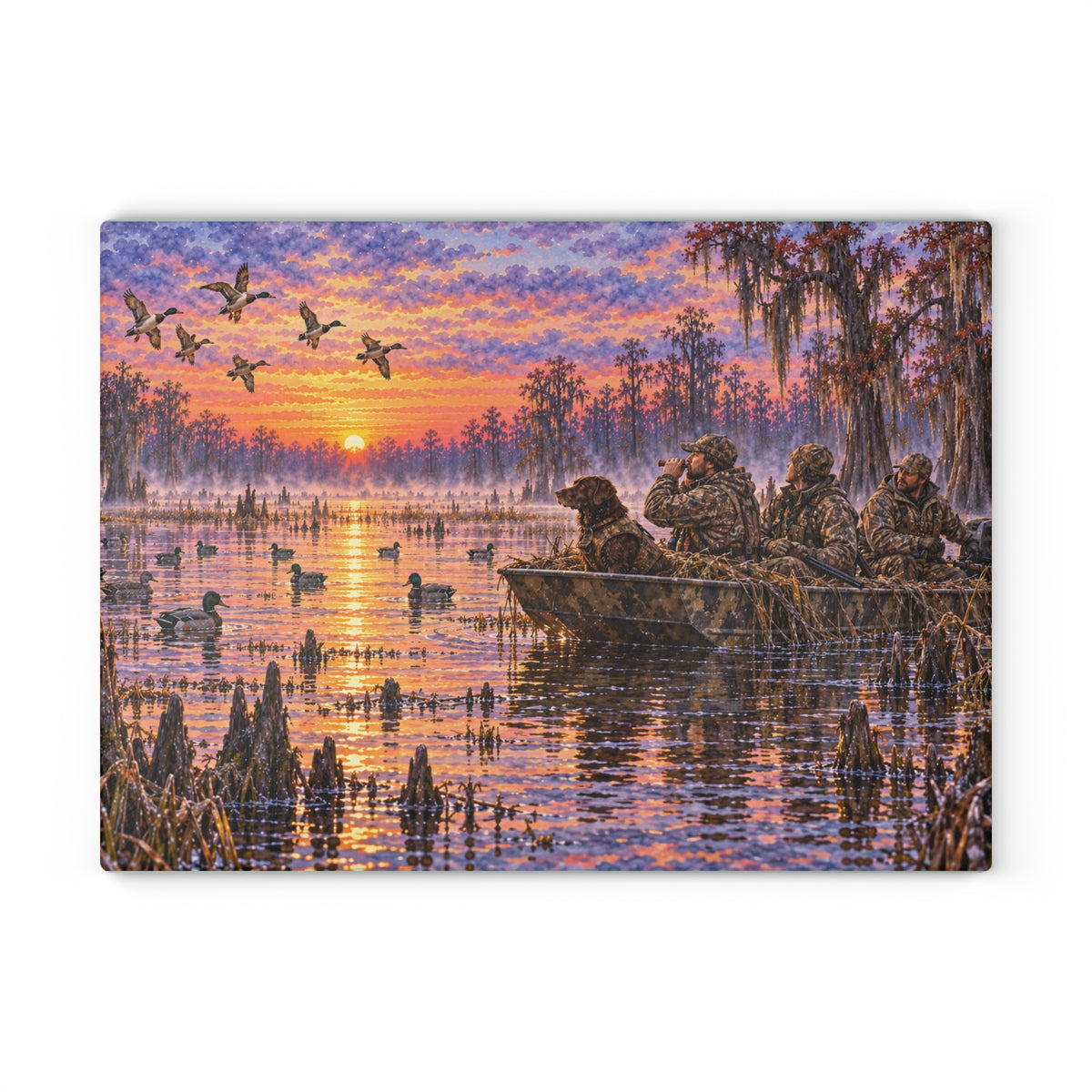 Glass Cutting Board — Sunrise Duck Hunt Scene | Rustic Wildlife Kitchen Decor