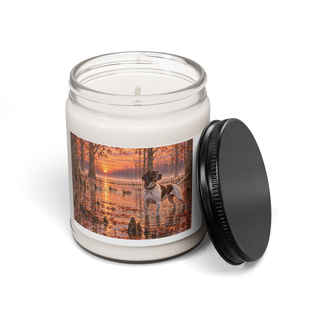 Autumn Duck Hunt Soy Candle — 9oz Scented Jar with Pointer Dog Lakeside Scene
