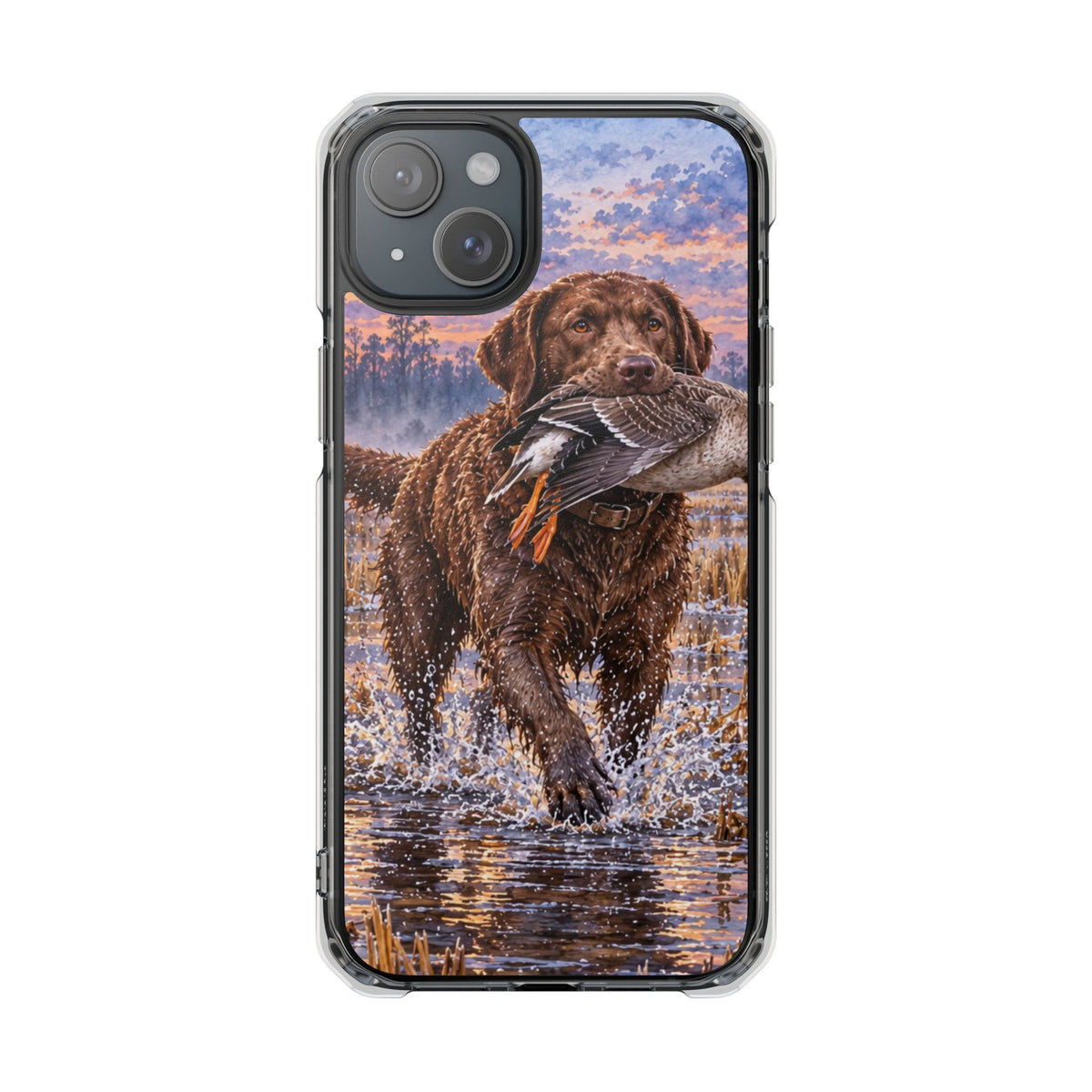 Clear Magnetic Phone Case — Chocolate Lab with Duck in swamp