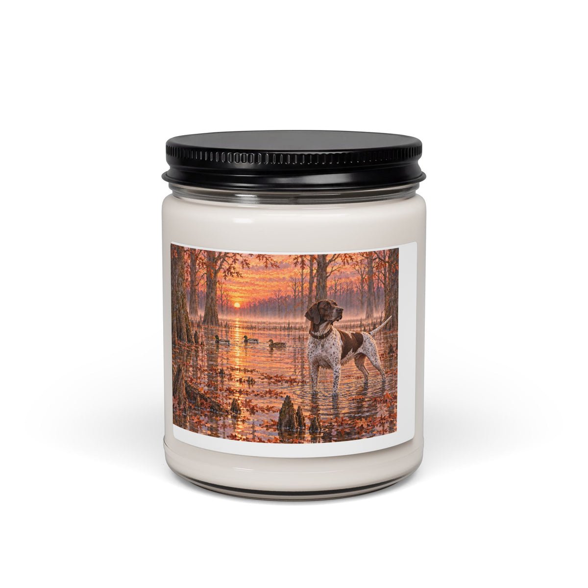 Autumn Duck Hunt Soy Candle — 9oz Scented Jar with Pointer Dog Lakeside Scene