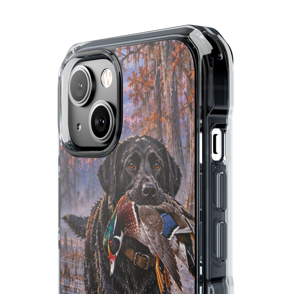 Clear Magnetic Phone Case — Black Lab with Duck swamp