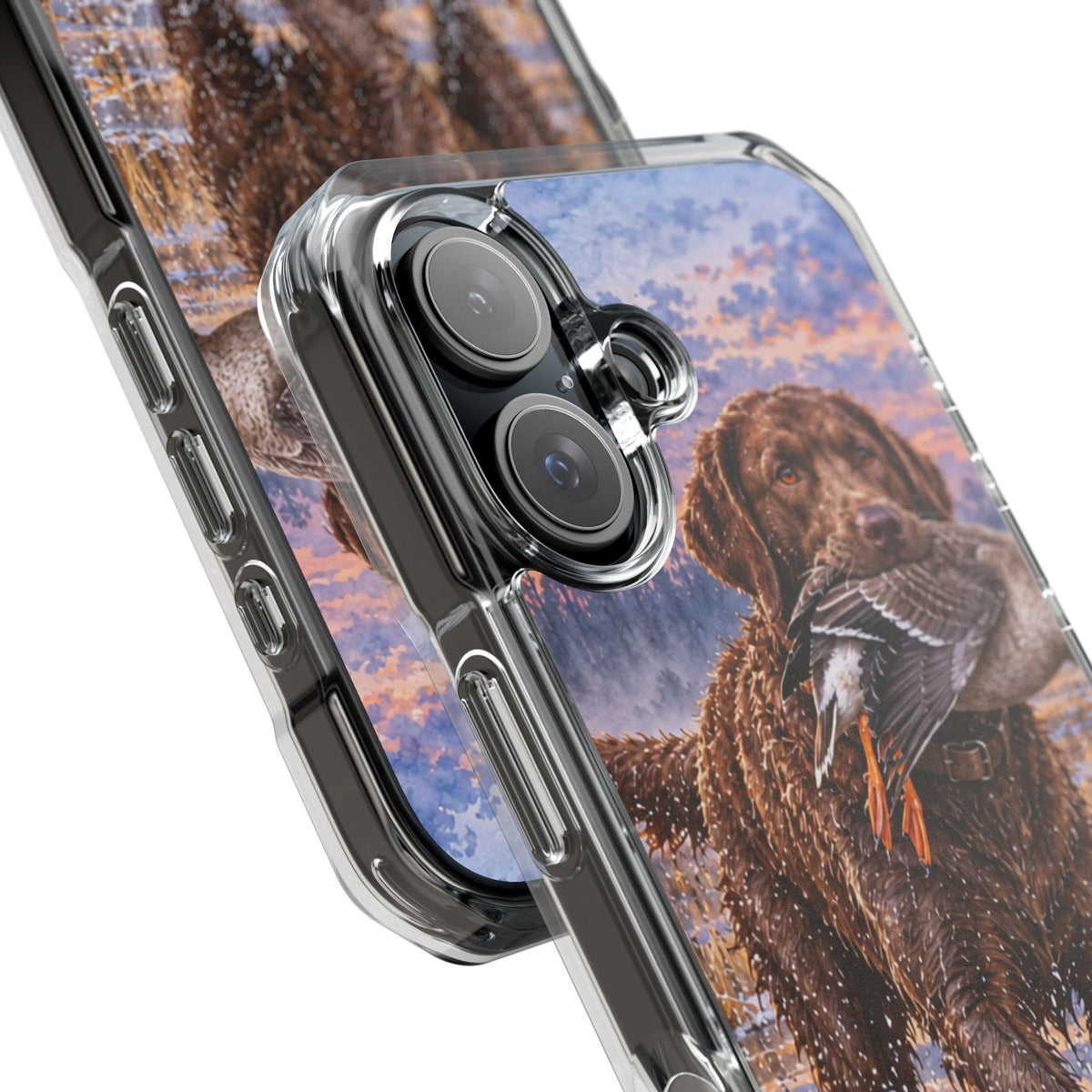 Clear Magnetic Phone Case — Chocolate Lab with Duck in swamp