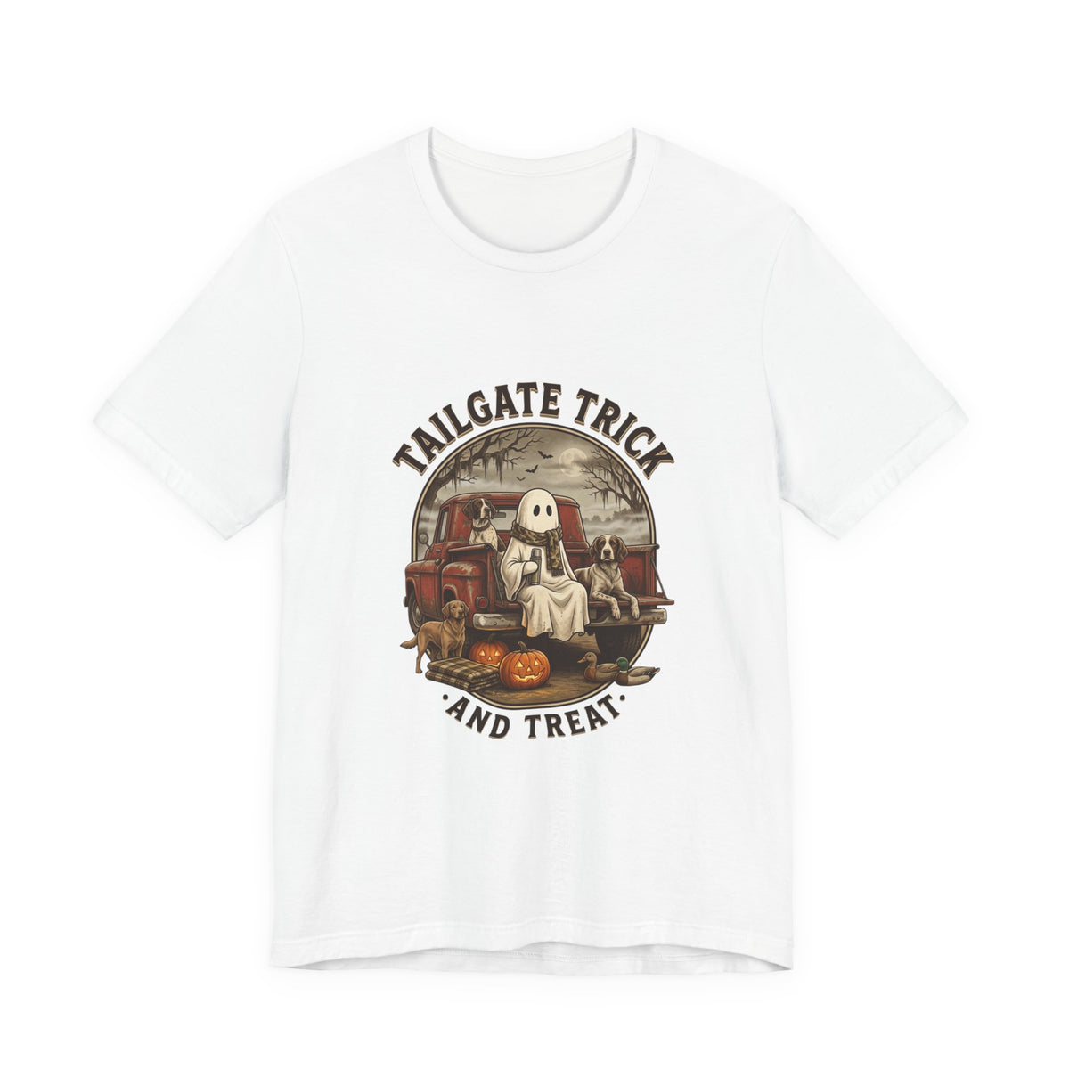 Tailgate Trick and Treat T‑Shirt | Spooky Hunting Halloween Truck Ghost Design