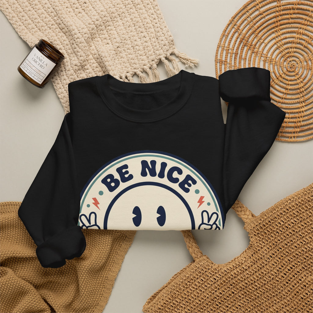 Be Nice You Jerk Smile Patch Crewneck Sweatshirt | Slogan Graphic, Retro Badge