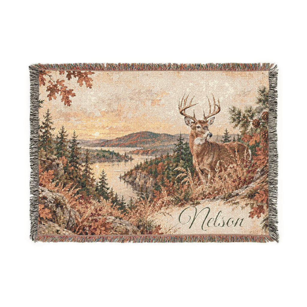 Scenic Deer Woven Blanket – Personalized Rustic Nature Throw