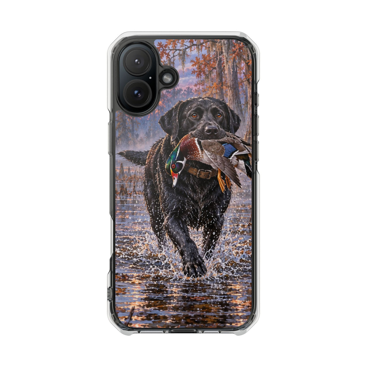 Clear Magnetic Phone Case — Black Lab with Duck swamp