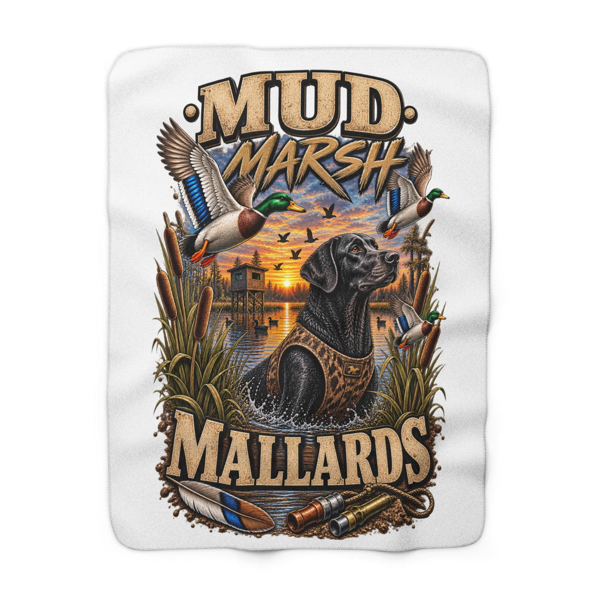 Mud Marsh Mallards sherpa blanket with hunting dog and duck design