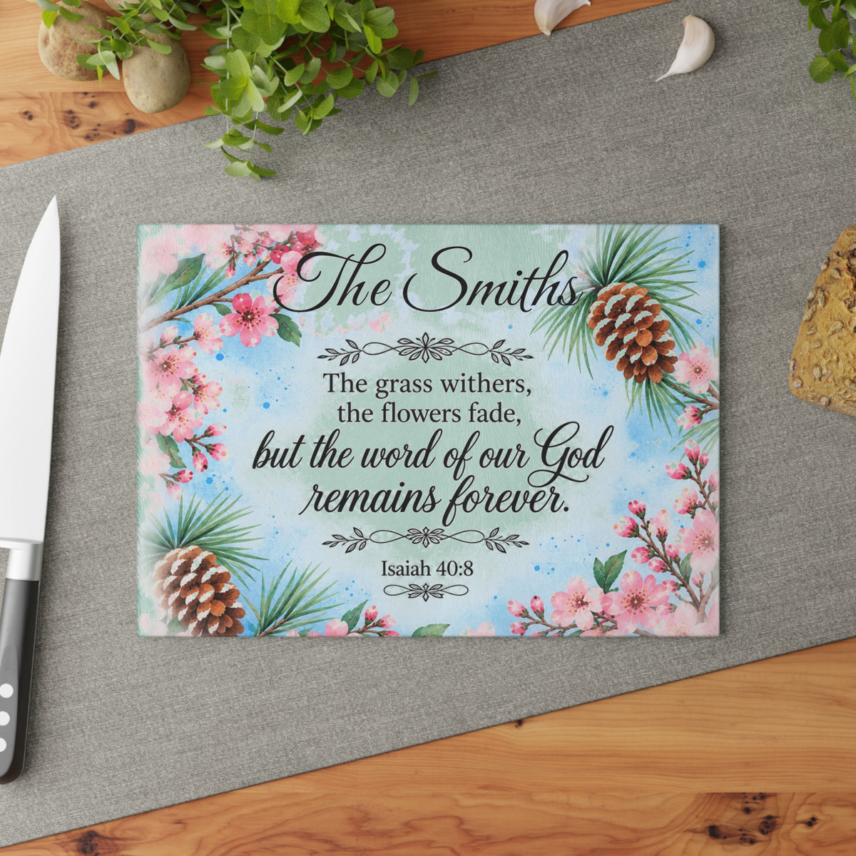 Glass Cutting Board – Isaiah 40:8 Floral Pinecone Christian Kitchen Decor