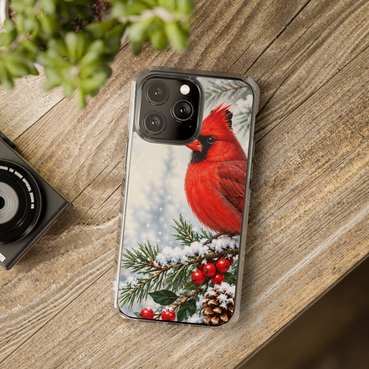 Clear Magnetic Phone Case — Winter Cardinal Scene
