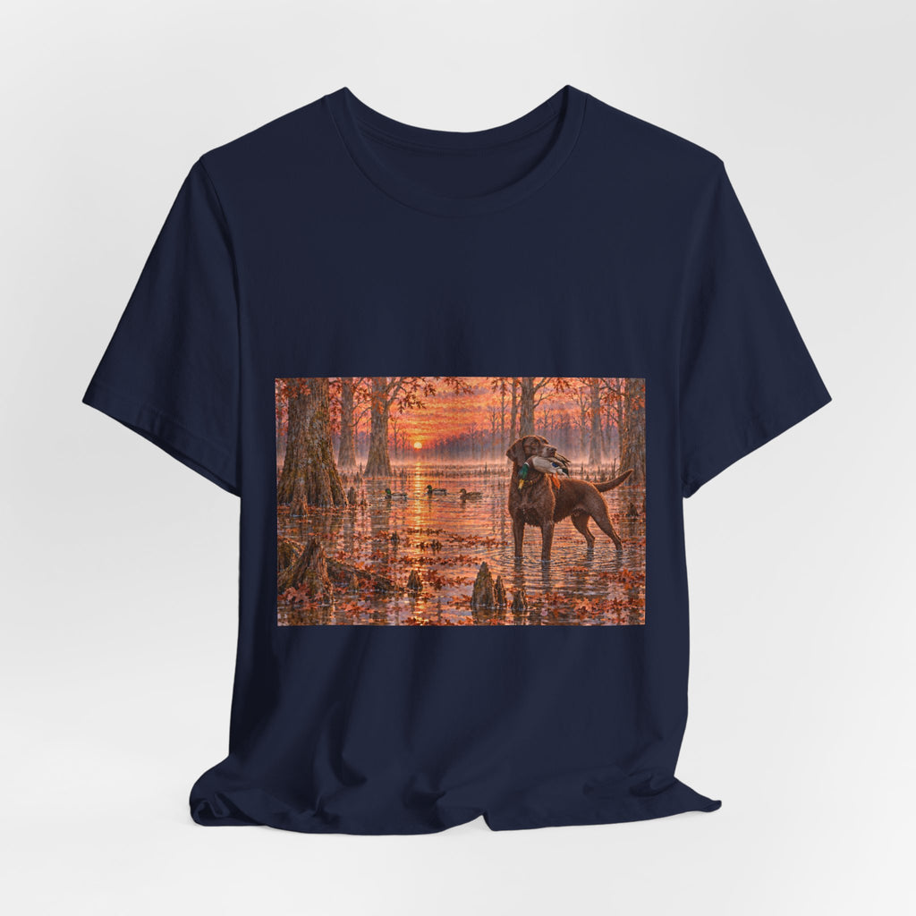 Sunset Bay Retriever T-Shirt — Dog Lover Sunset Woodland Tee