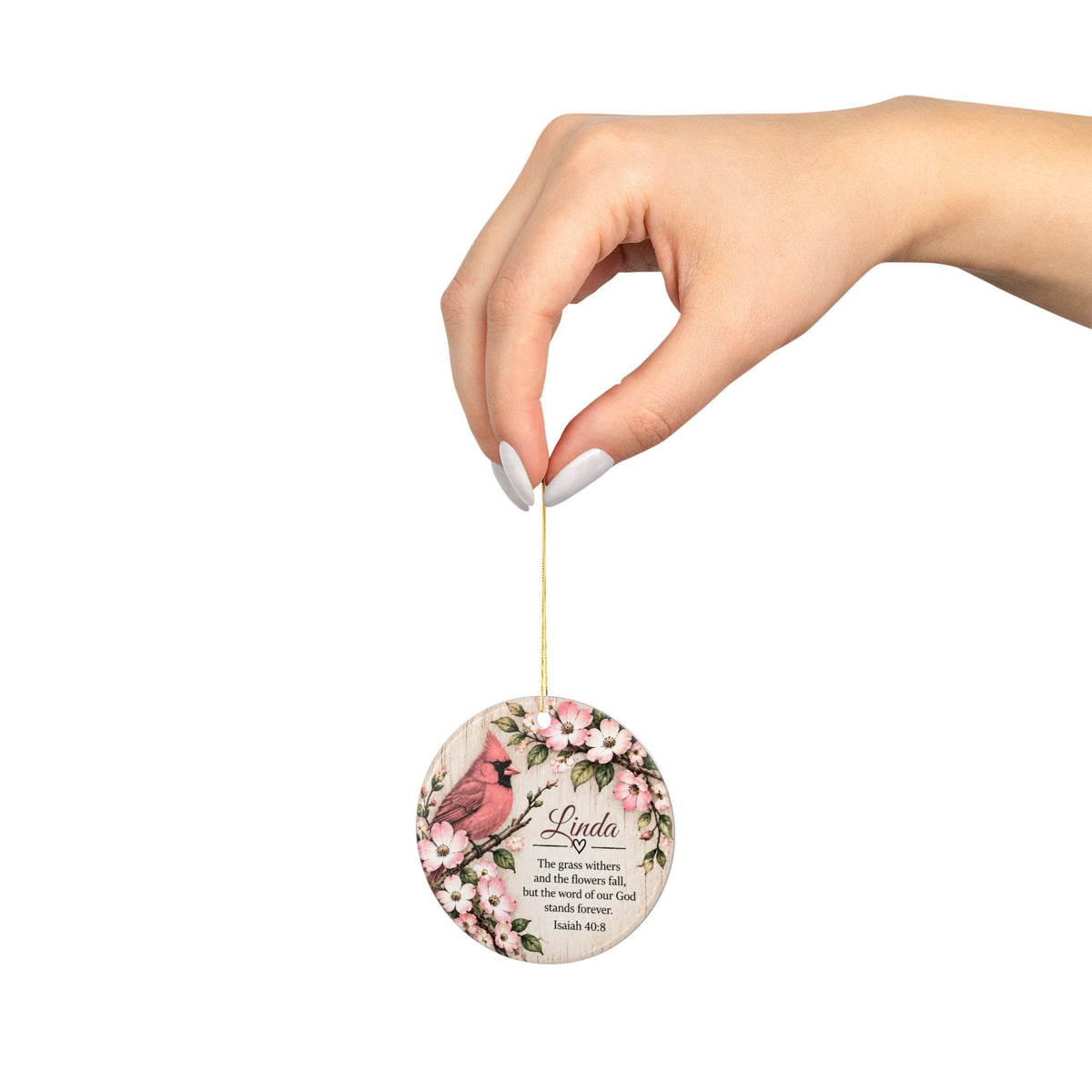 Personalized Cardinal Dogwood Ornament, Pink Floral Christmas Ornament, Isaiah 40:8 Christian Gift, Custom Name Memorial Keepsake