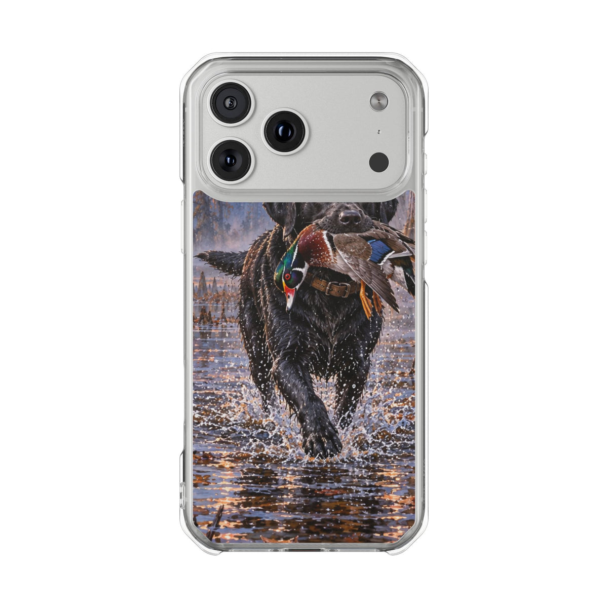 Clear Magnetic Phone Case — Black Lab with Duck swamp
