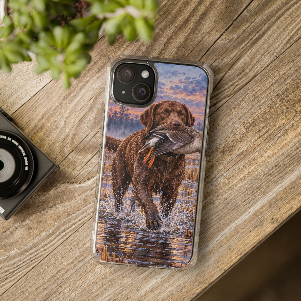 Clear Magnetic Phone Case — Chocolate Lab with Duck in swamp