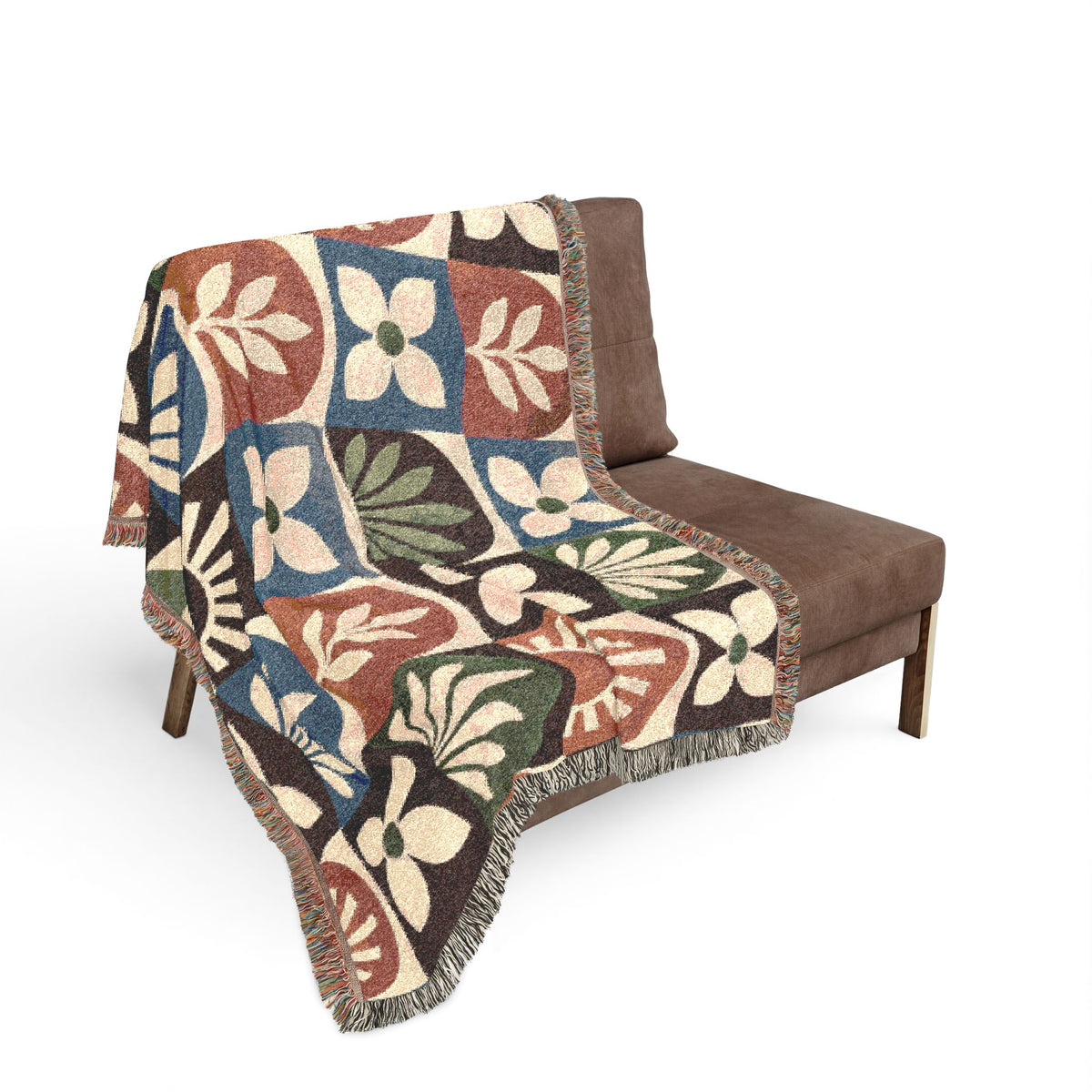 Boho Geometric Woven Blanket — Retro Floral Tile Throw