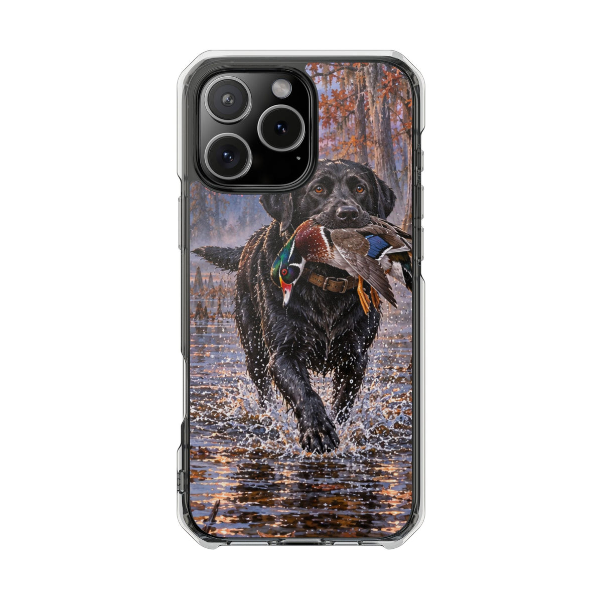 Clear Magnetic Phone Case — Black Lab with Duck swamp