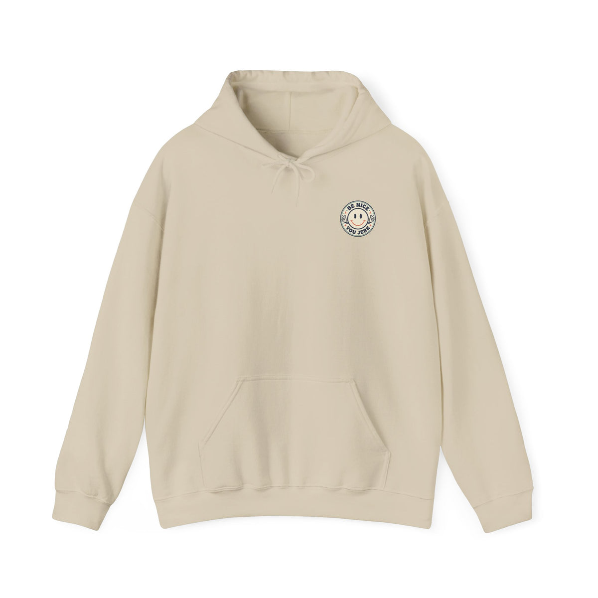 Be Nice You Jerk smiley patch Hoodie | sarcastic slogan, vintage-inspired