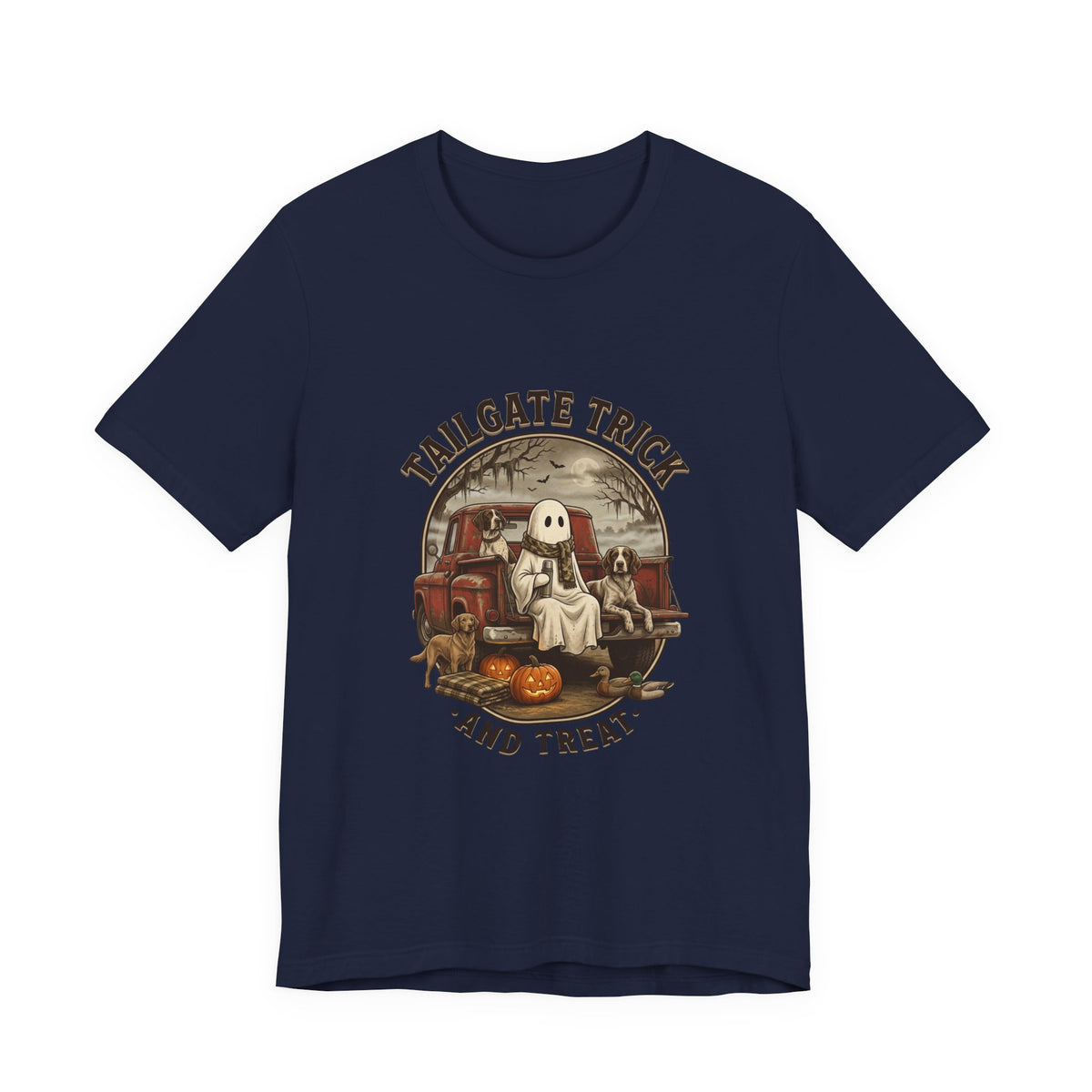 Tailgate Trick and Treat T‑Shirt | Spooky Hunting Halloween Truck Ghost Design