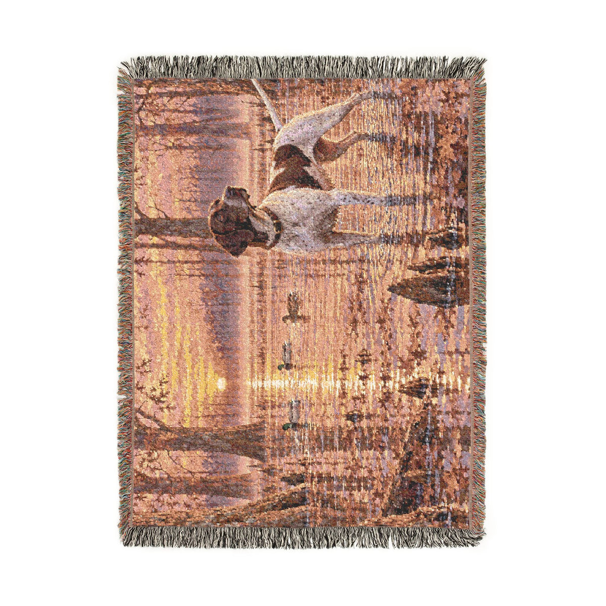 Mohican River Scenic Woven Blanket — Rustic Lake Bird Dog Pointer Landscape Throw