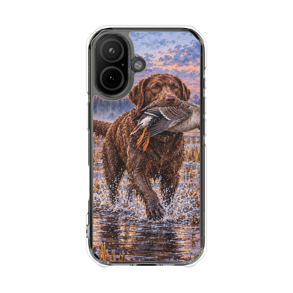Clear Magnetic Phone Case — Chocolate Lab with Duck in swamp