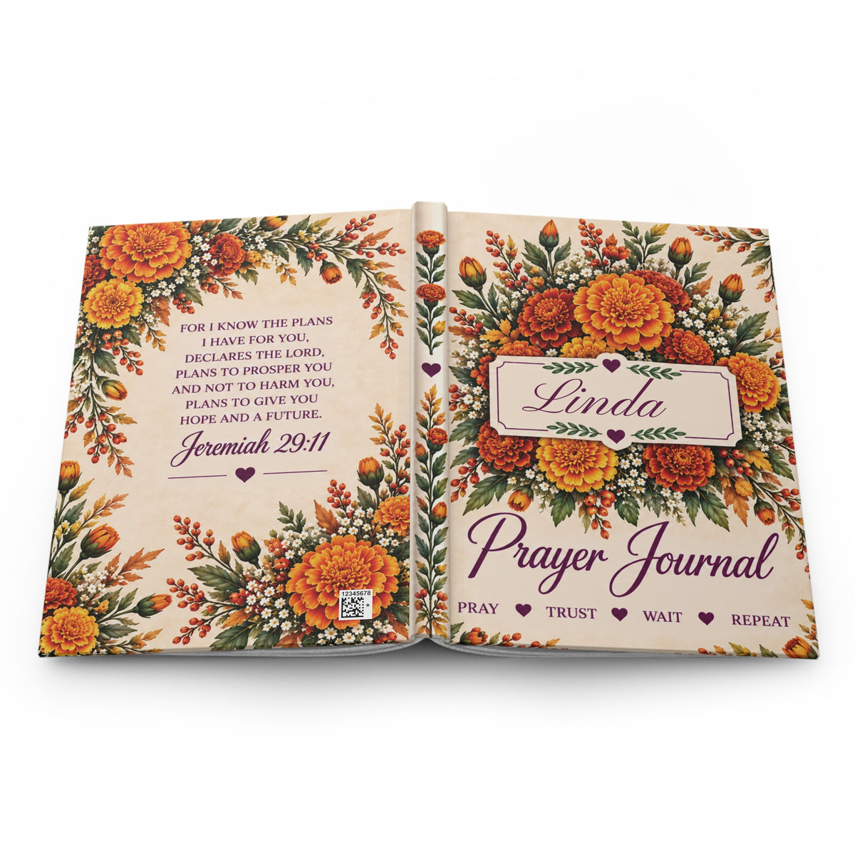 Personalized October Birth Flower Prayer Journal, Marigold Christian Notebook, Jeremiah 29:11 Gift for Women, Bible Study Journal