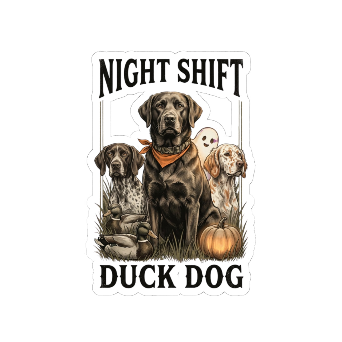 Night Shift Duck Dog Sticker | Spooky Hunting, Fall Pumpkin