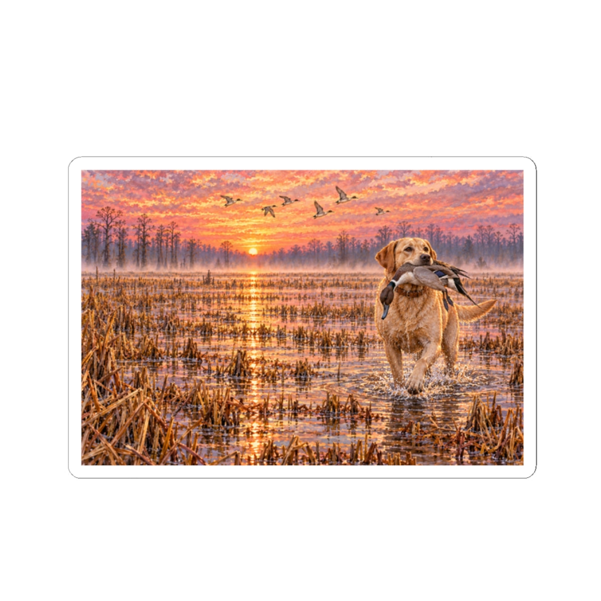 Retriever Duck Hunting Sticker — Golden Lab with Duck at Sunrise (Kiss-Cut)