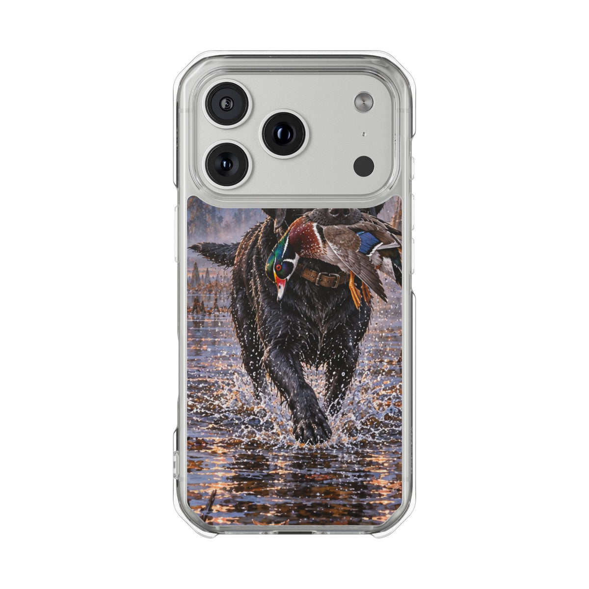 Clear Magnetic Phone Case — Black Lab with Duck swamp