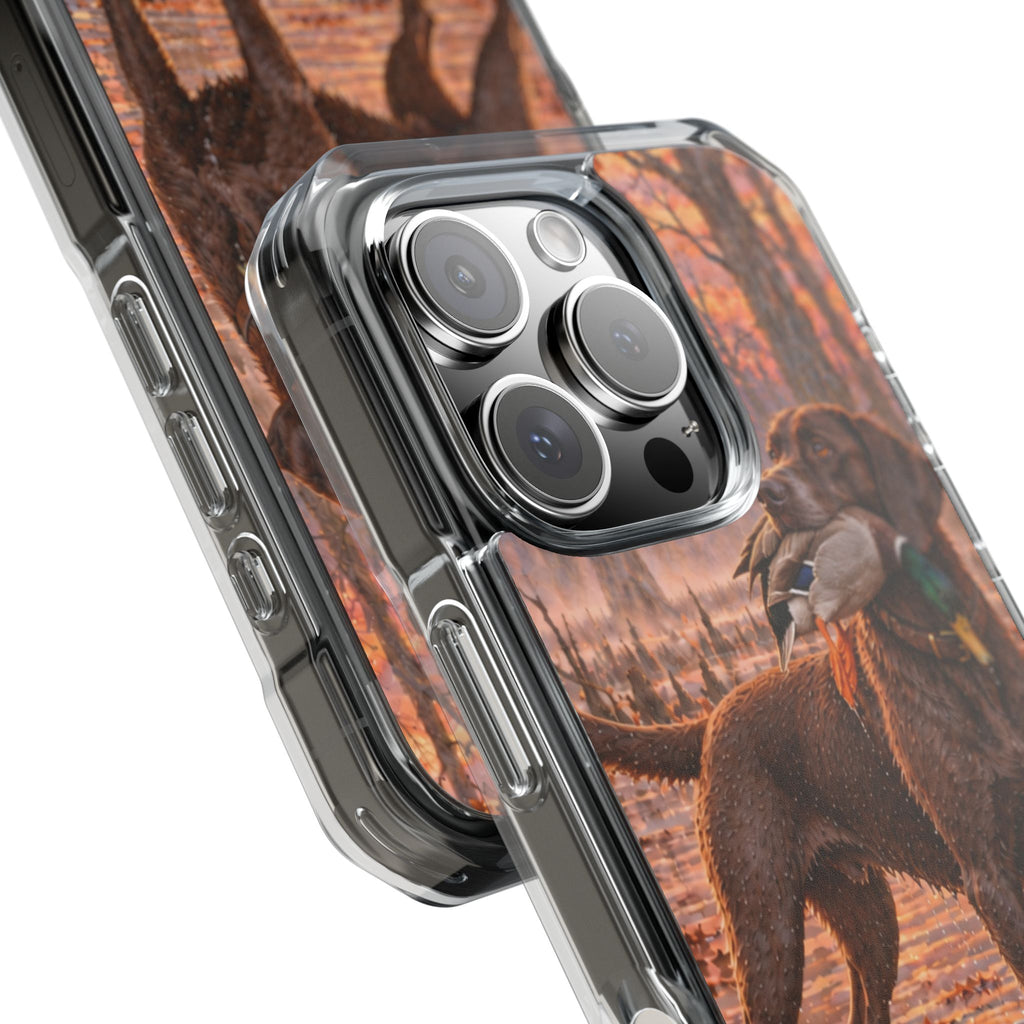 Clear Magnetic Phone Case — Chocolate Lab with Duck swamp