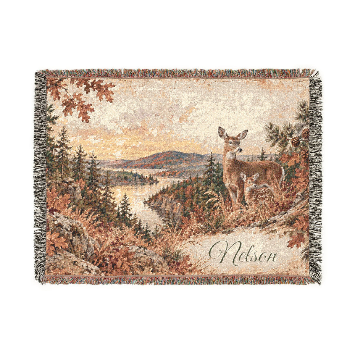 Deer Lake Woven Blanket — Scenic Woodland Throw with 'Welcome' Embroidery