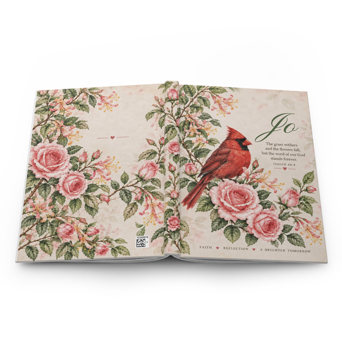Personalized Cardinal Journal, Pink Rose Floral Notebook, Christian Prayer Journal, Isaiah 40:8, Custom Name Gift for Her