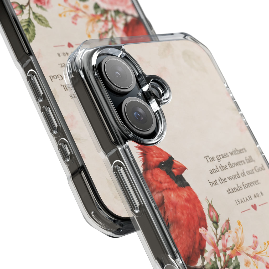 Clear Magnetic Phone Case — Cardinal Scene Isiah 40:8