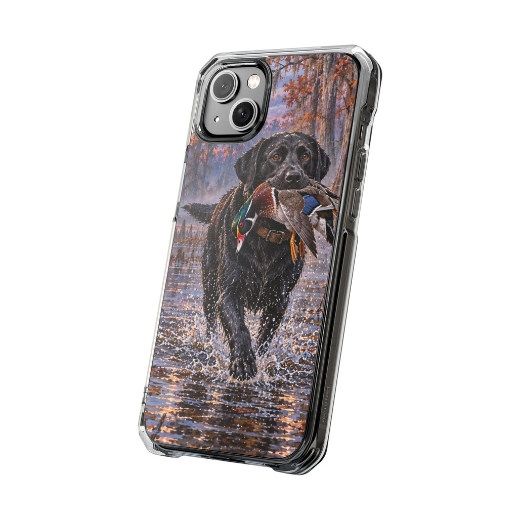 Clear Magnetic Phone Case — Black Lab with Duck swamp