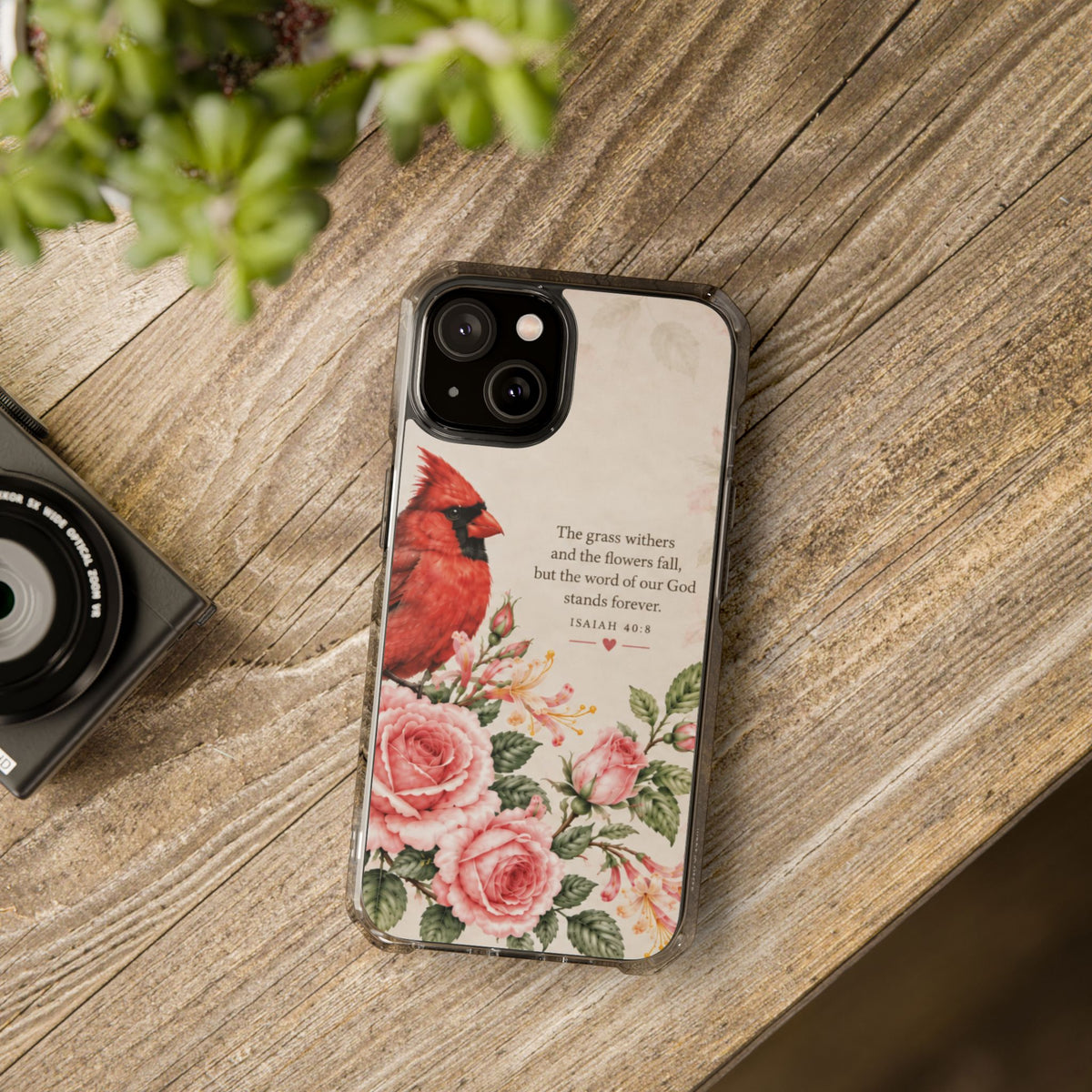 Clear Magnetic Phone Case — Cardinal Scene Isiah 40:8