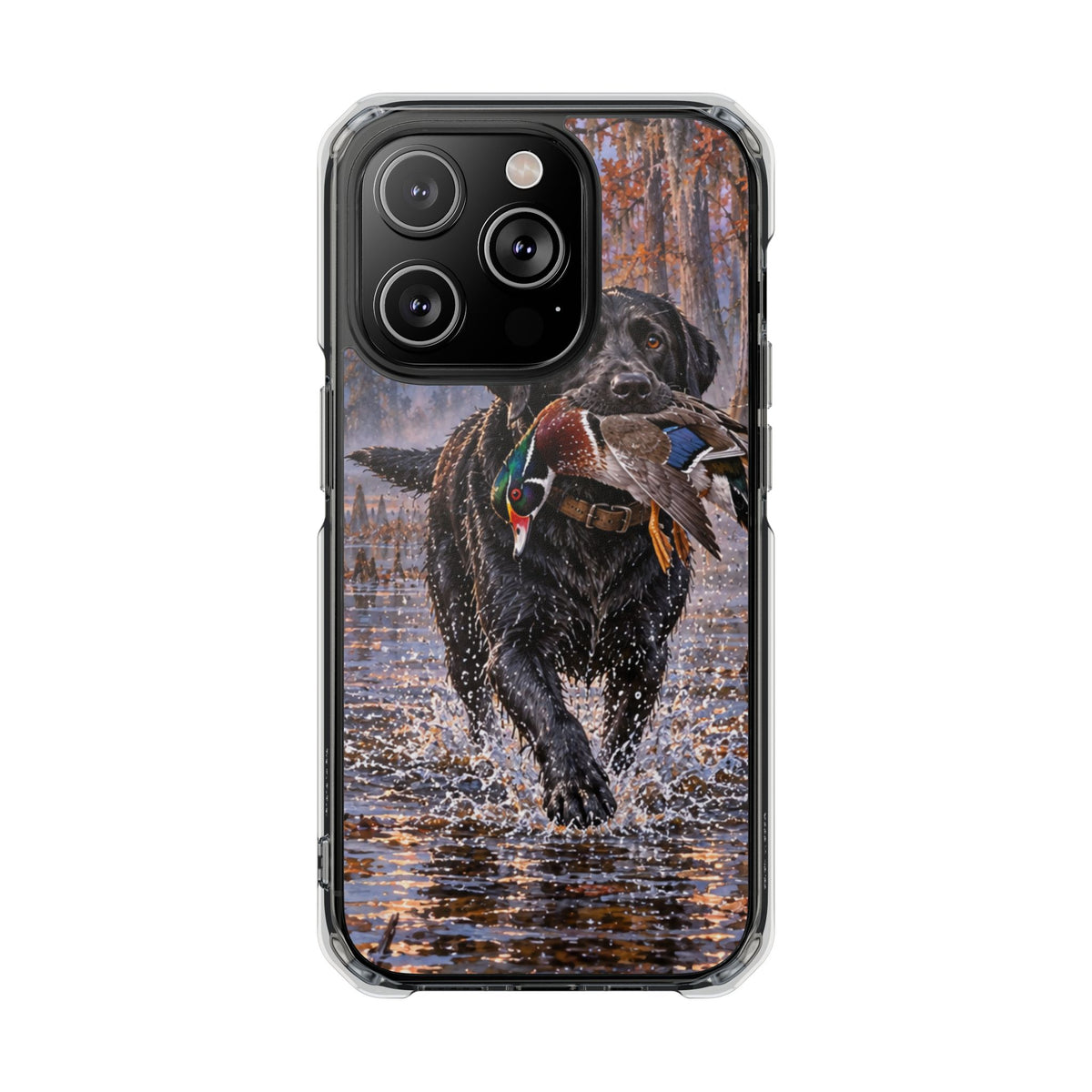 Clear Magnetic Phone Case — Black Lab with Duck swamp
