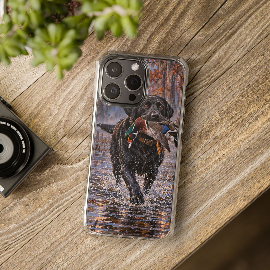 Clear Magnetic Phone Case — Black Lab with Duck swamp