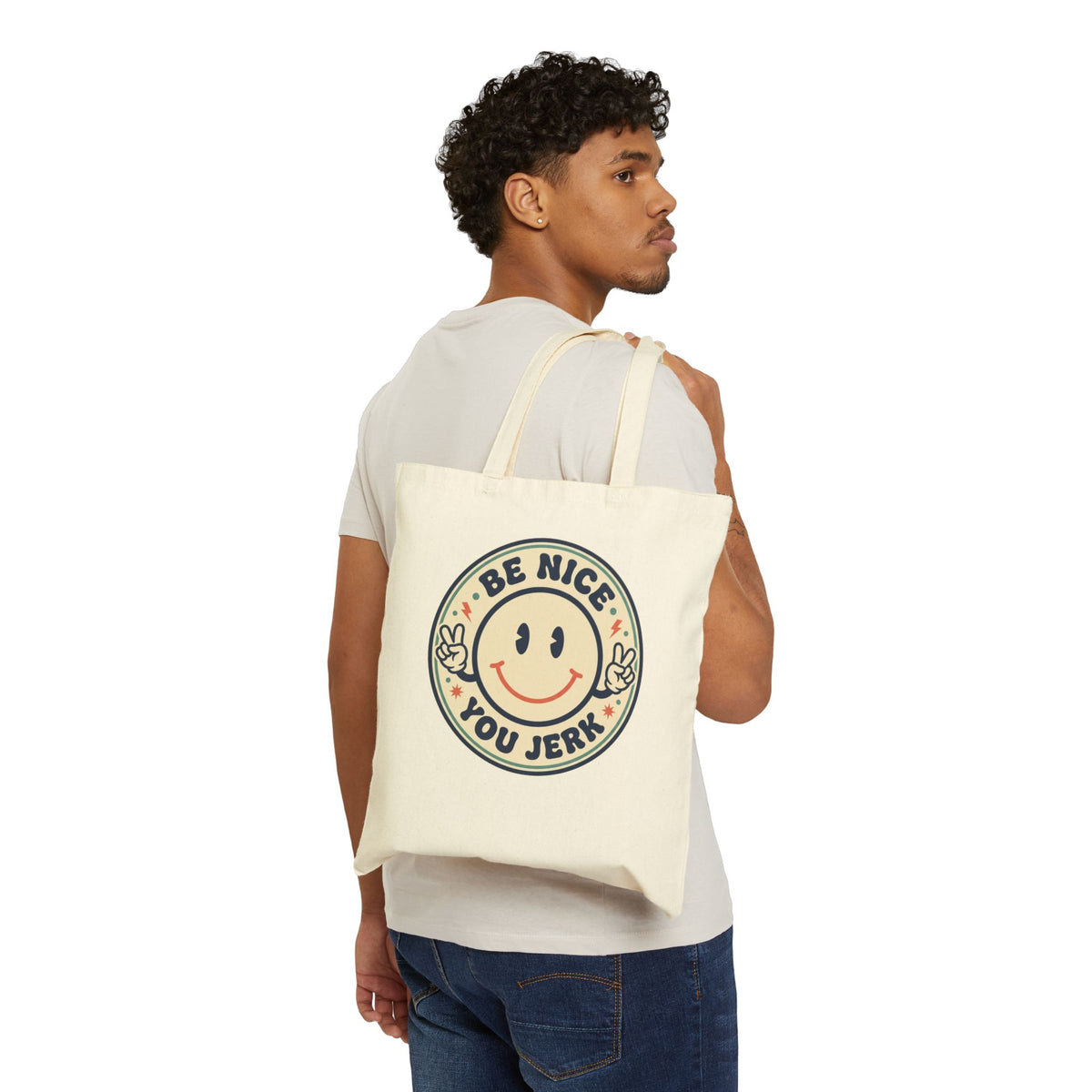 Be Nice You Jerk smiley tote, Canvas Tote Bag | retro smile face slogan