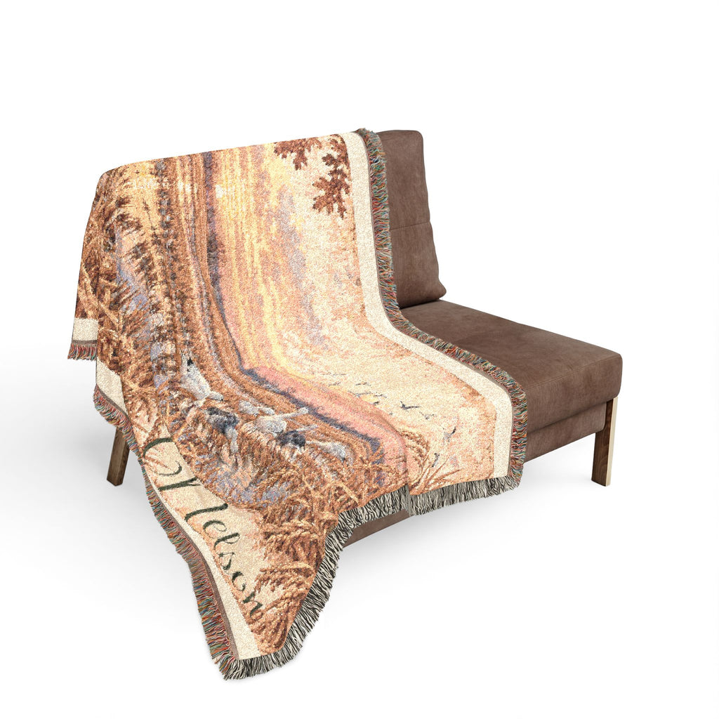 Sunset Marsh Woven Blanket — Rustic Lakeside Tapestry Throw