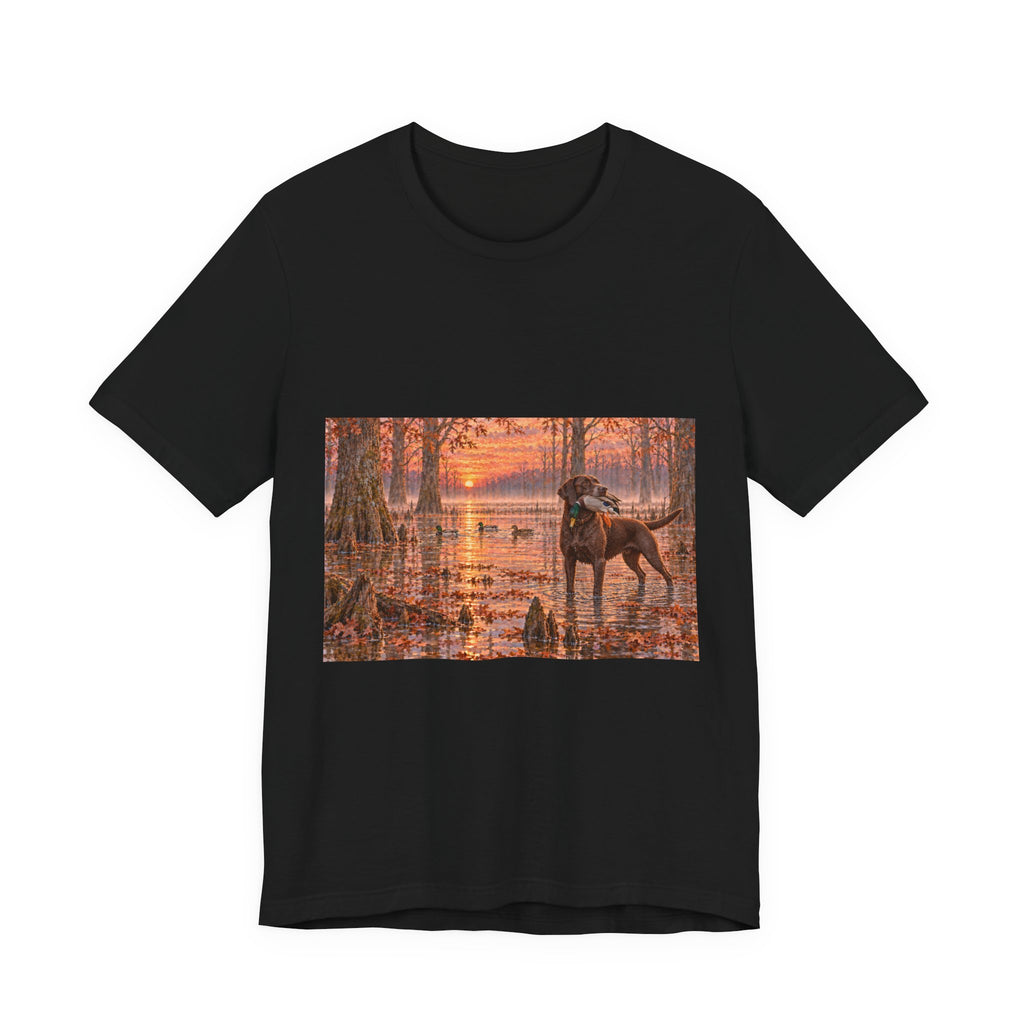 Sunset Bay Retriever T-Shirt — Dog Lover Sunset Woodland Tee