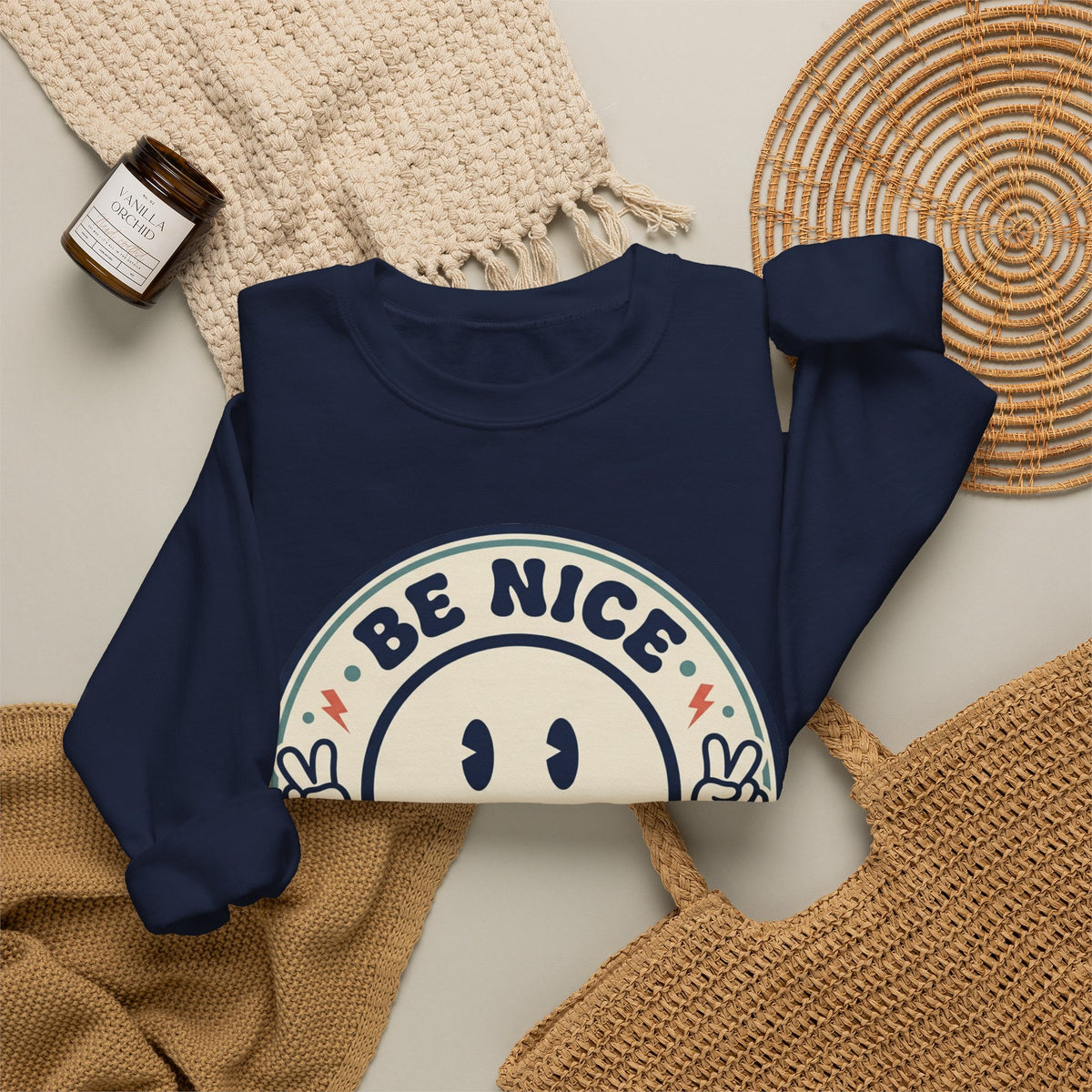 Be Nice You Jerk Smile Patch Crewneck Sweatshirt | Slogan Graphic, Retro Badge