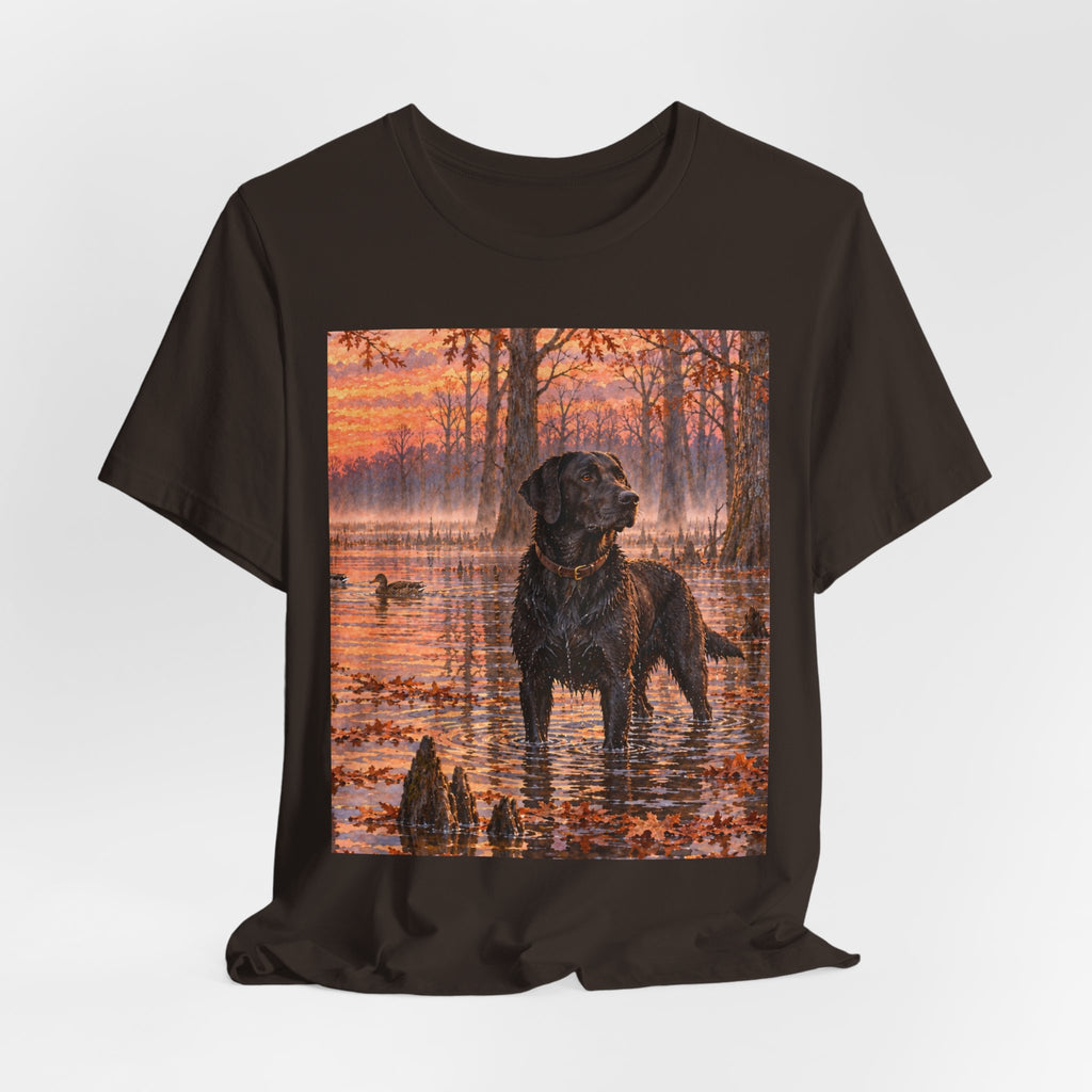 Sunset Bay Labrador Tee — Black Lab Dog Sunset Shirt