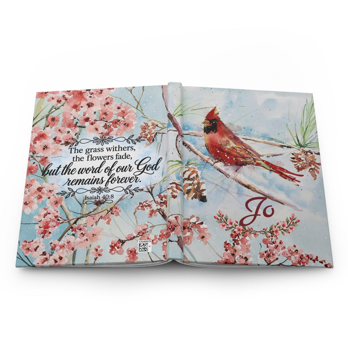 Personalized Jo Cardinal Journal, Isaiah 40:8 Christian Prayer Journal, Bible Verse Notebook, Faith Gift for Her