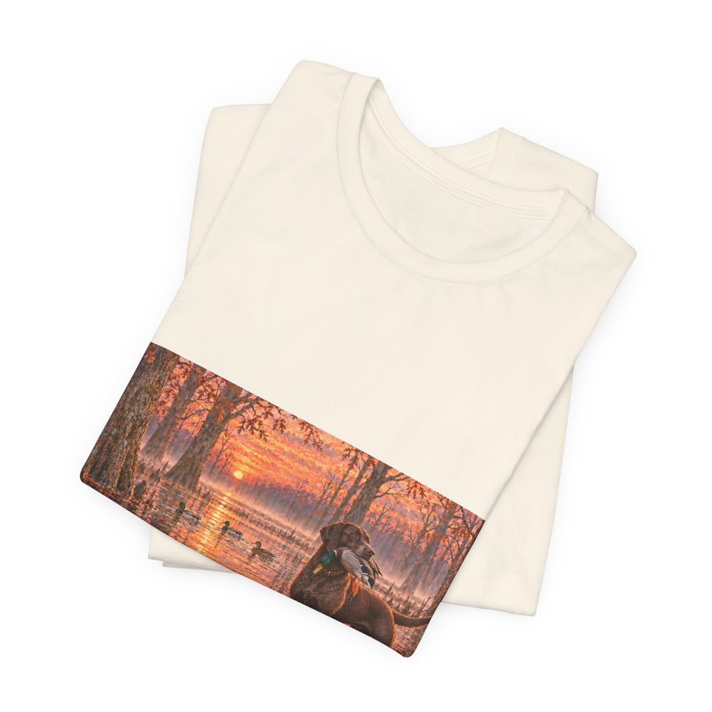 Sunset Bay Retriever T-Shirt — Dog Lover Sunset Woodland Tee