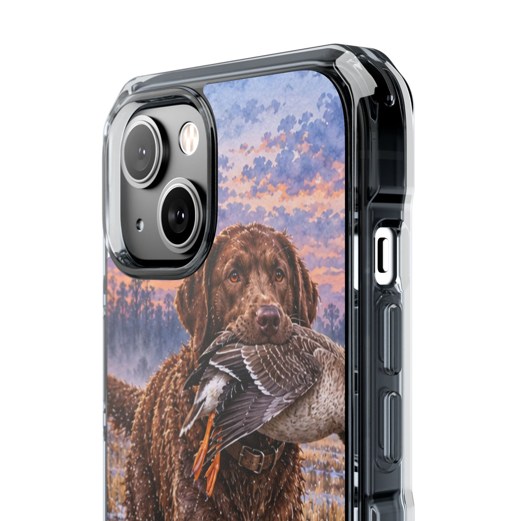 Clear Magnetic Phone Case — Chocolate Lab with Duck in swamp