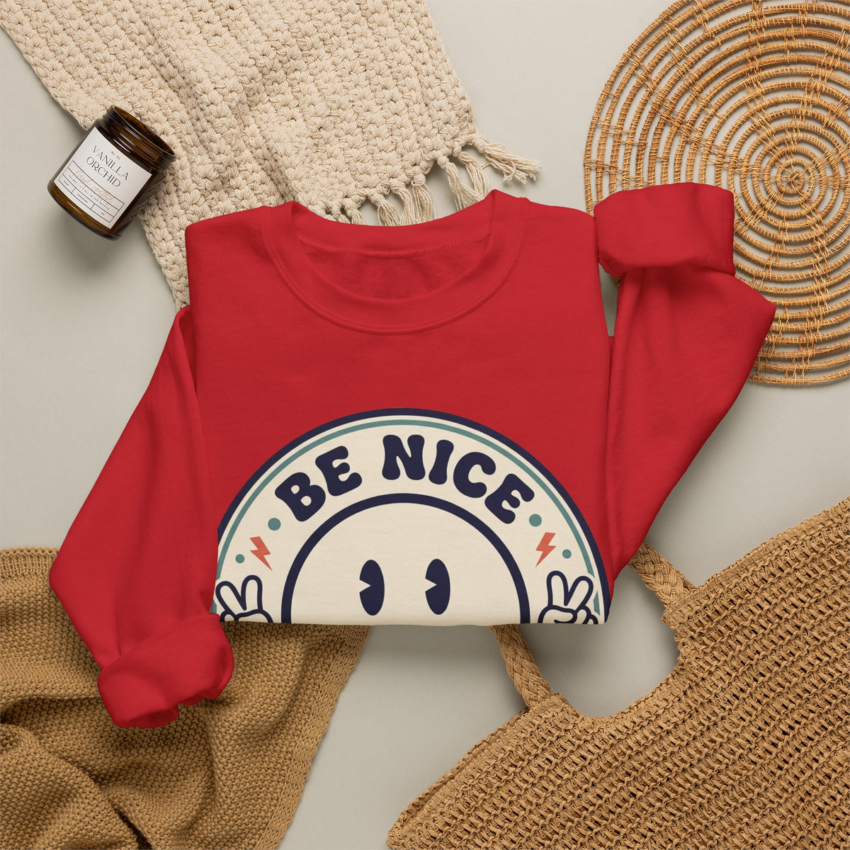 Be Nice You Jerk Smile Patch Crewneck Sweatshirt | Slogan Graphic, Retro Badge