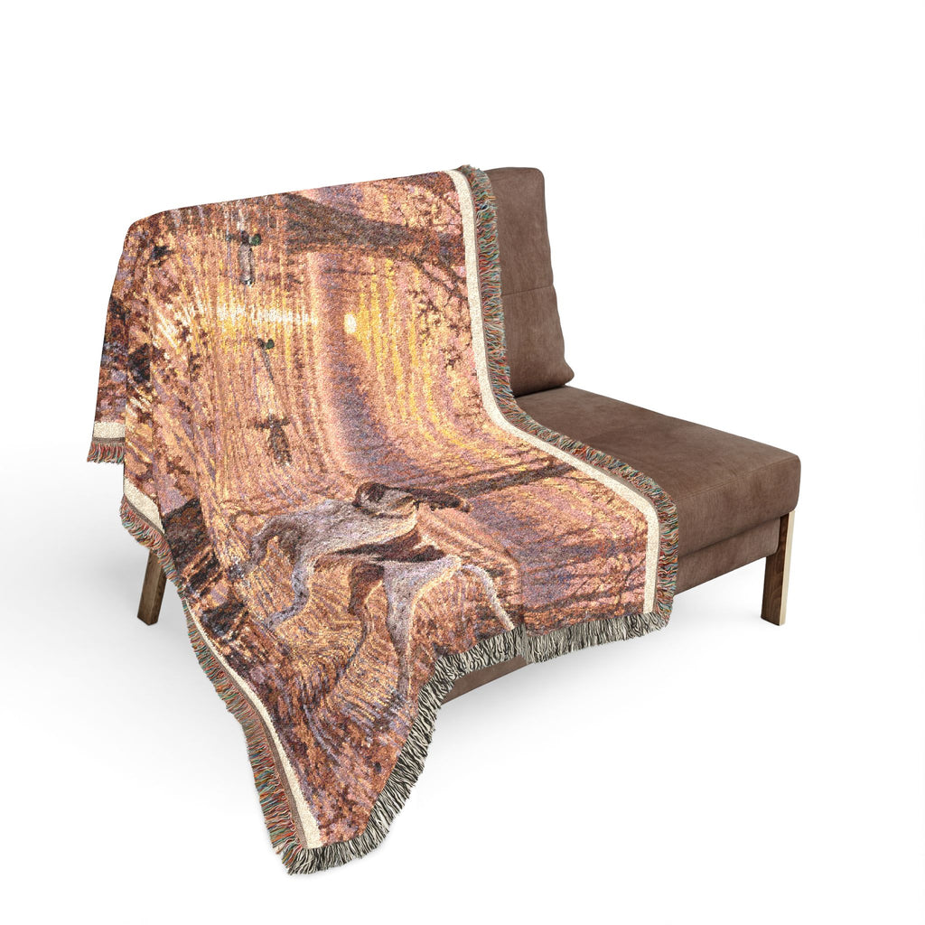Mohican River Scenic Woven Blanket — Rustic Lake Bird Dog Pointer Landscape Throw
