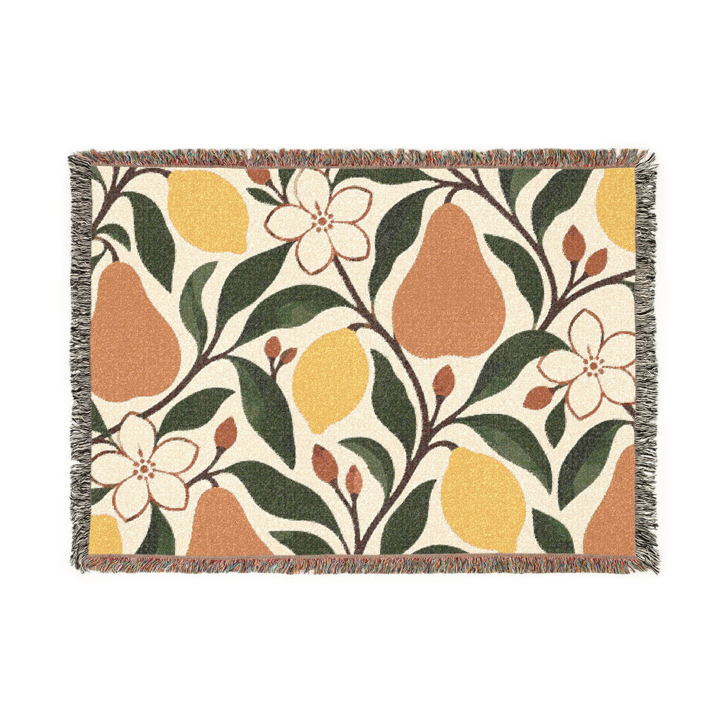 Pear & Blossom Woven Throw Blanket — Floral Fruit Pattern, Cozy Decorative Throw
