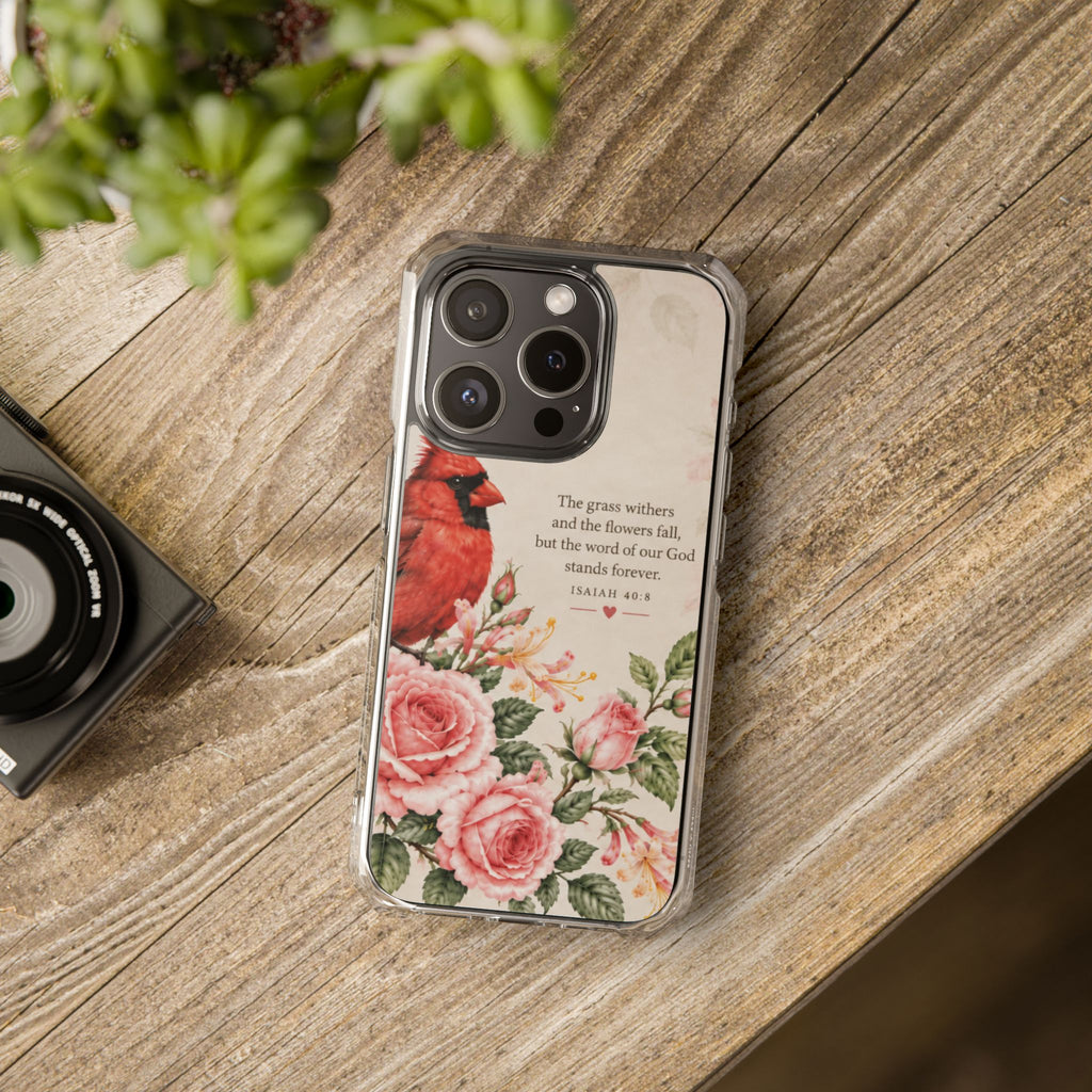 Clear Magnetic Phone Case — Cardinal Scene Isiah 40:8