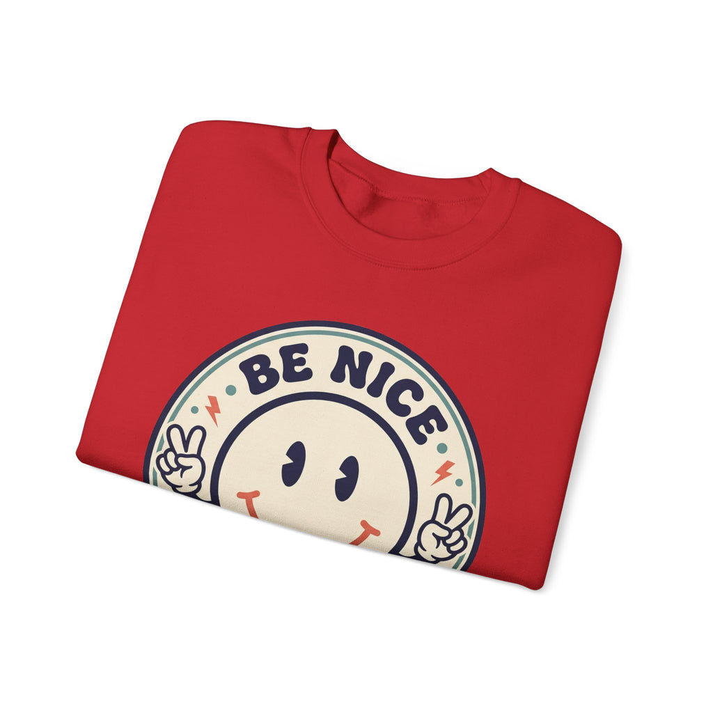 Be Nice You Jerk Smile Patch Crewneck Sweatshirt | Slogan Graphic, Retro Badge