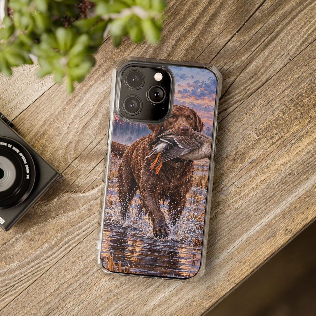 Clear Magnetic Phone Case — Chocolate Lab with Duck in swamp