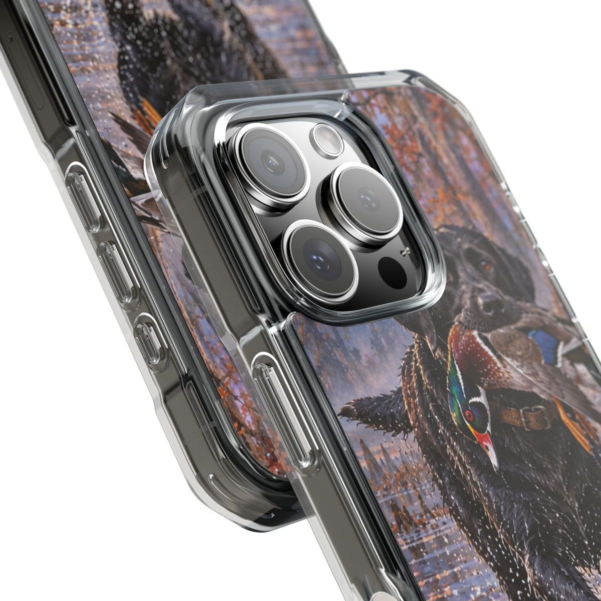 Clear Magnetic Phone Case — Black Lab with Duck swamp